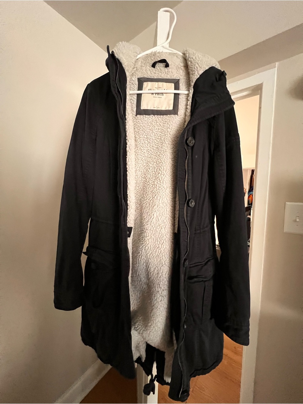 Abercrombie & Fitch Black Trench Coat with Cream Sherpa Lining